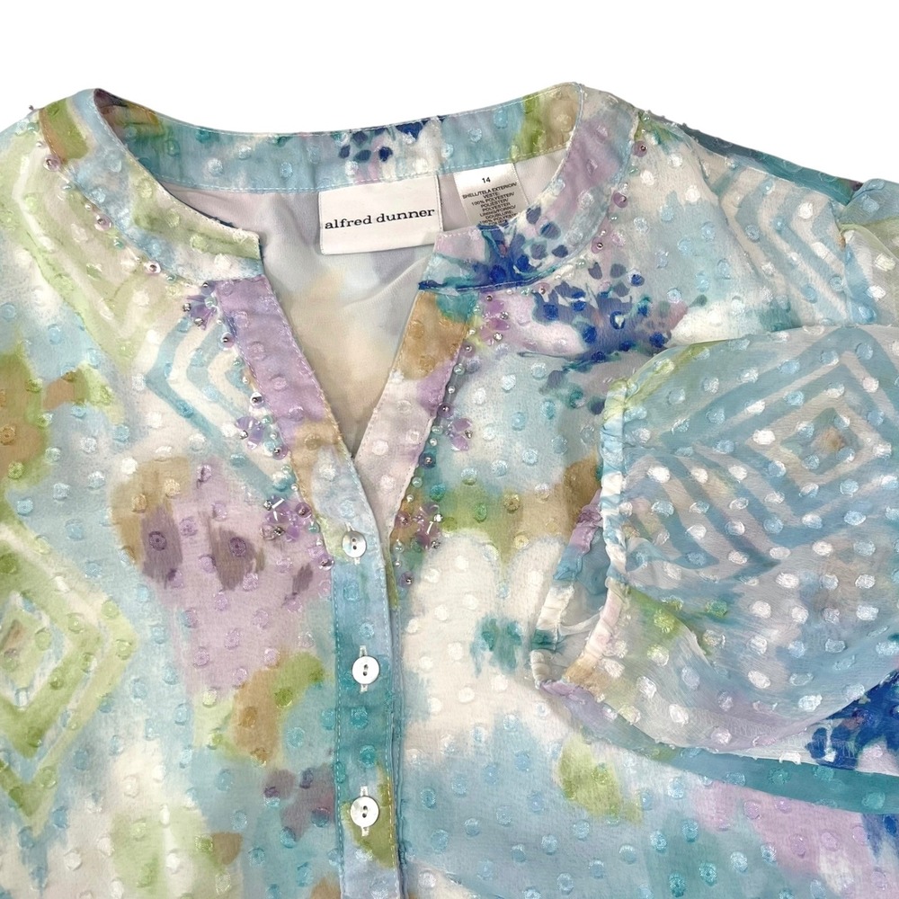Alfred Dunner 14 Blue Floral Swiss Dot Beaded Blouse 3/4 Sleeve Coastal Grandma